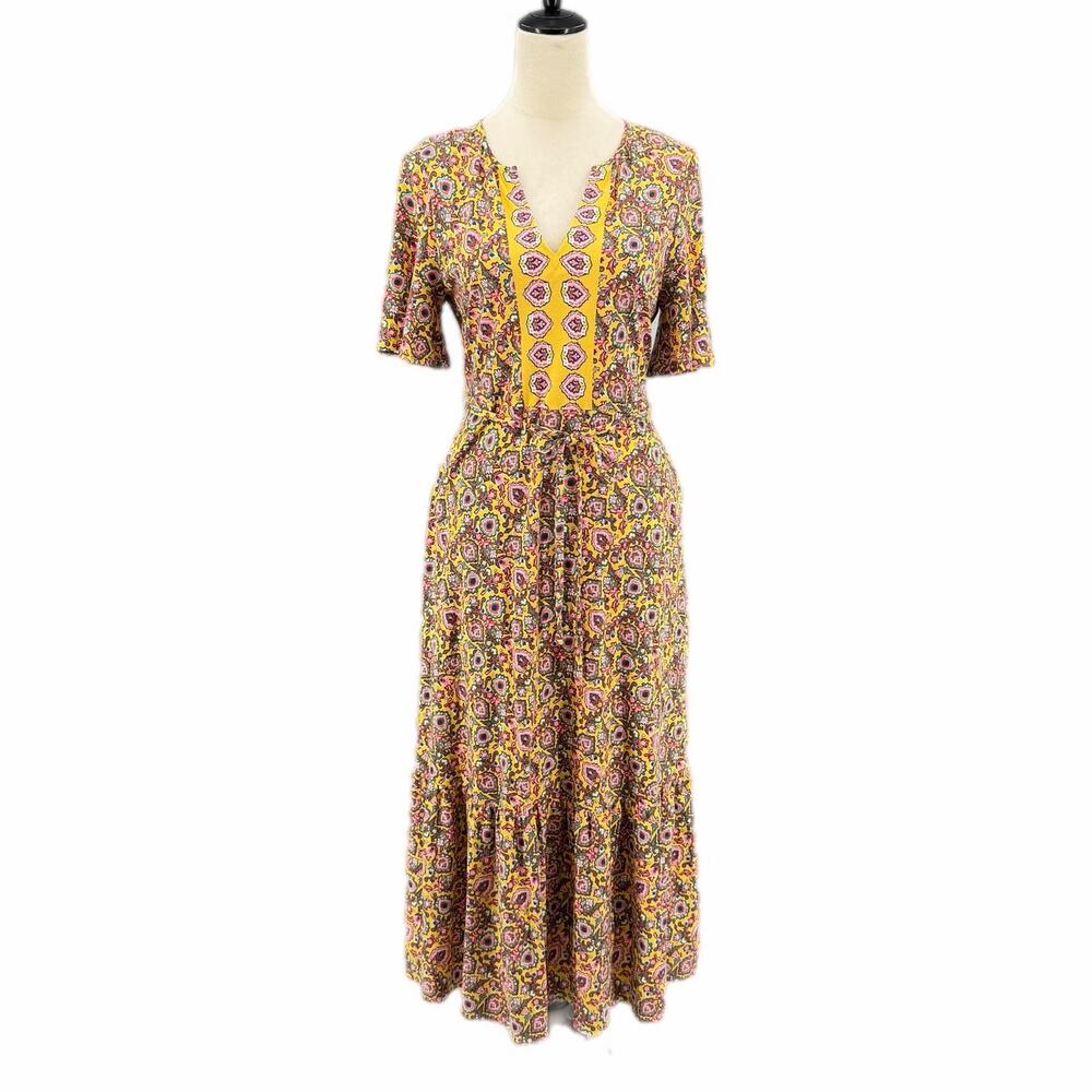 Boden PETITE Yellow Floral Honeycomb Bloom Short Sleeve Notch Neck Maxi Dress